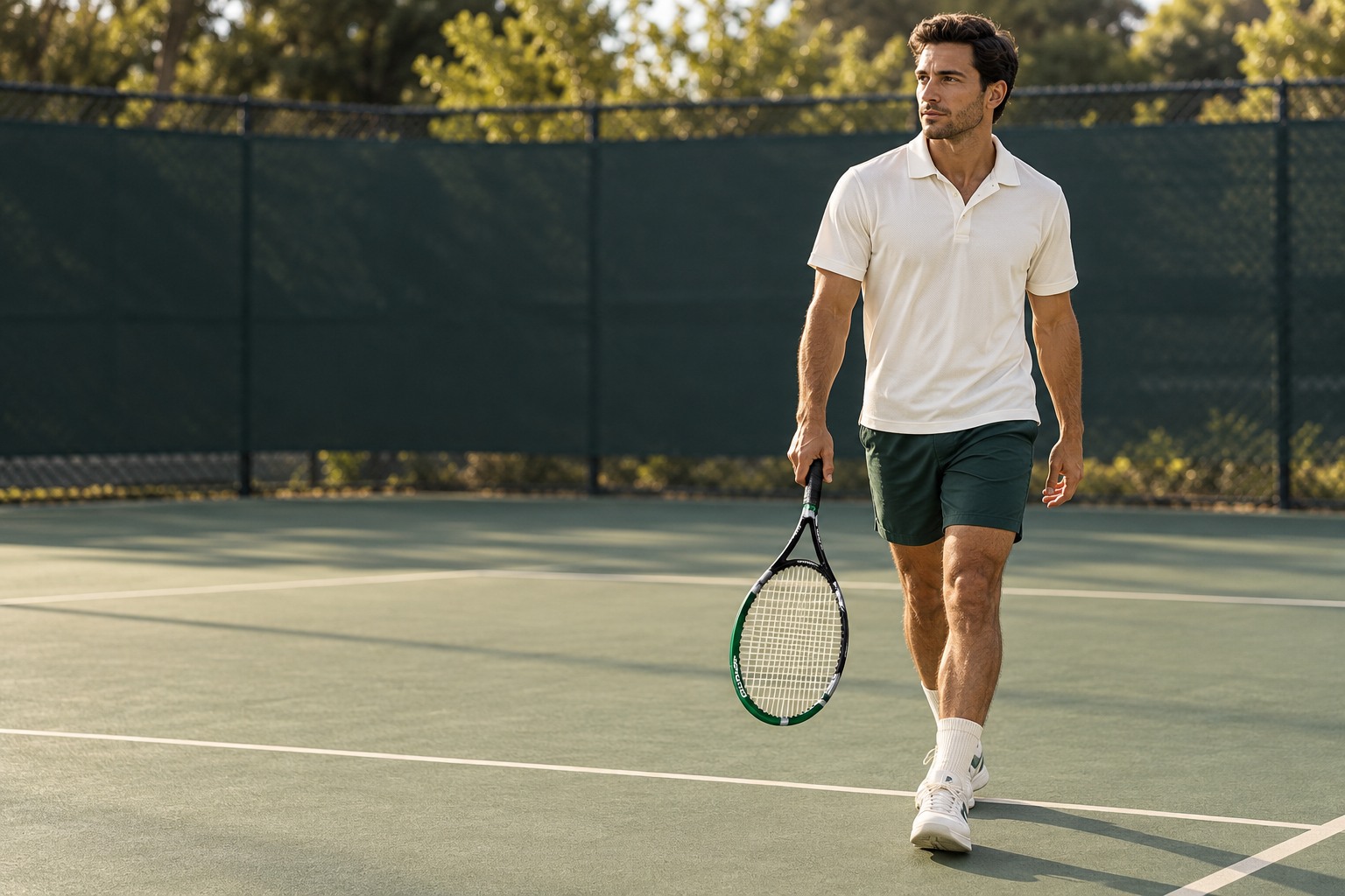 A tennis player carrying the forest green OPPUM PRO-60X on a sunlit court