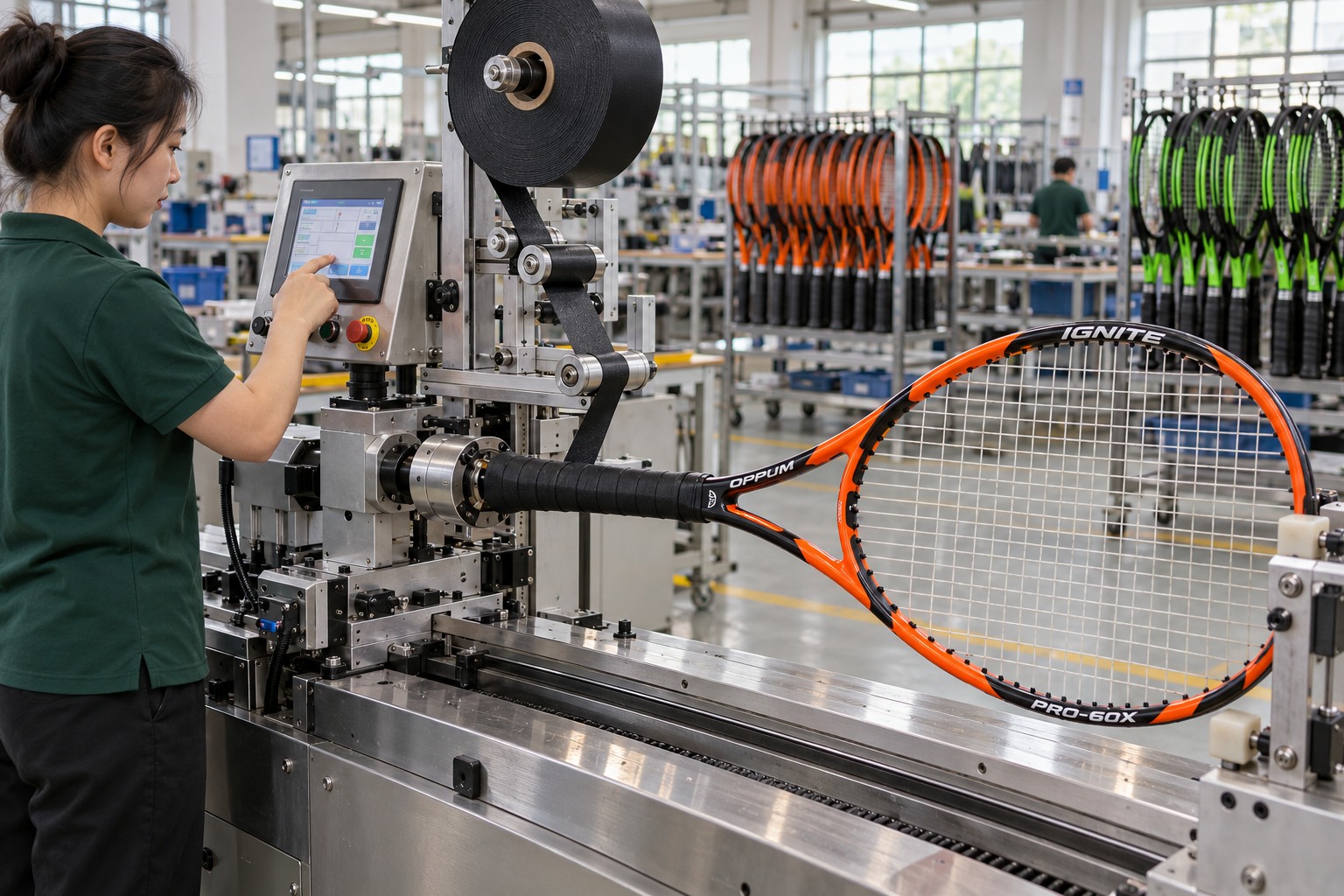 Illustration of a machine-assisted racket grip wrapping workcell with OPPUM-branded rackets and an operator at its controls
